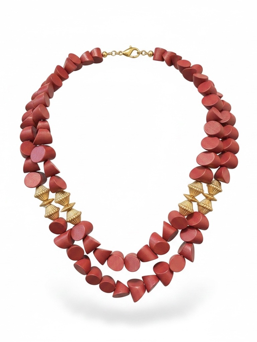 Brick Red Multi-Strand Bead Necklace with Gold Accents